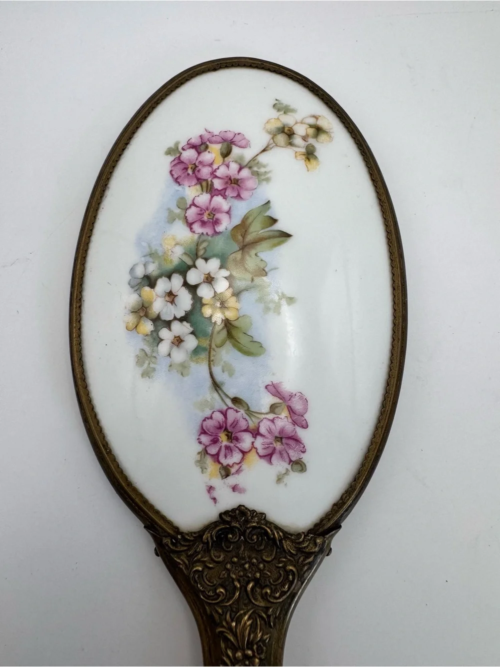 Vintage Porcelain Hand Painted Floral Brass Victorian Beveled Glass Hand Mirror